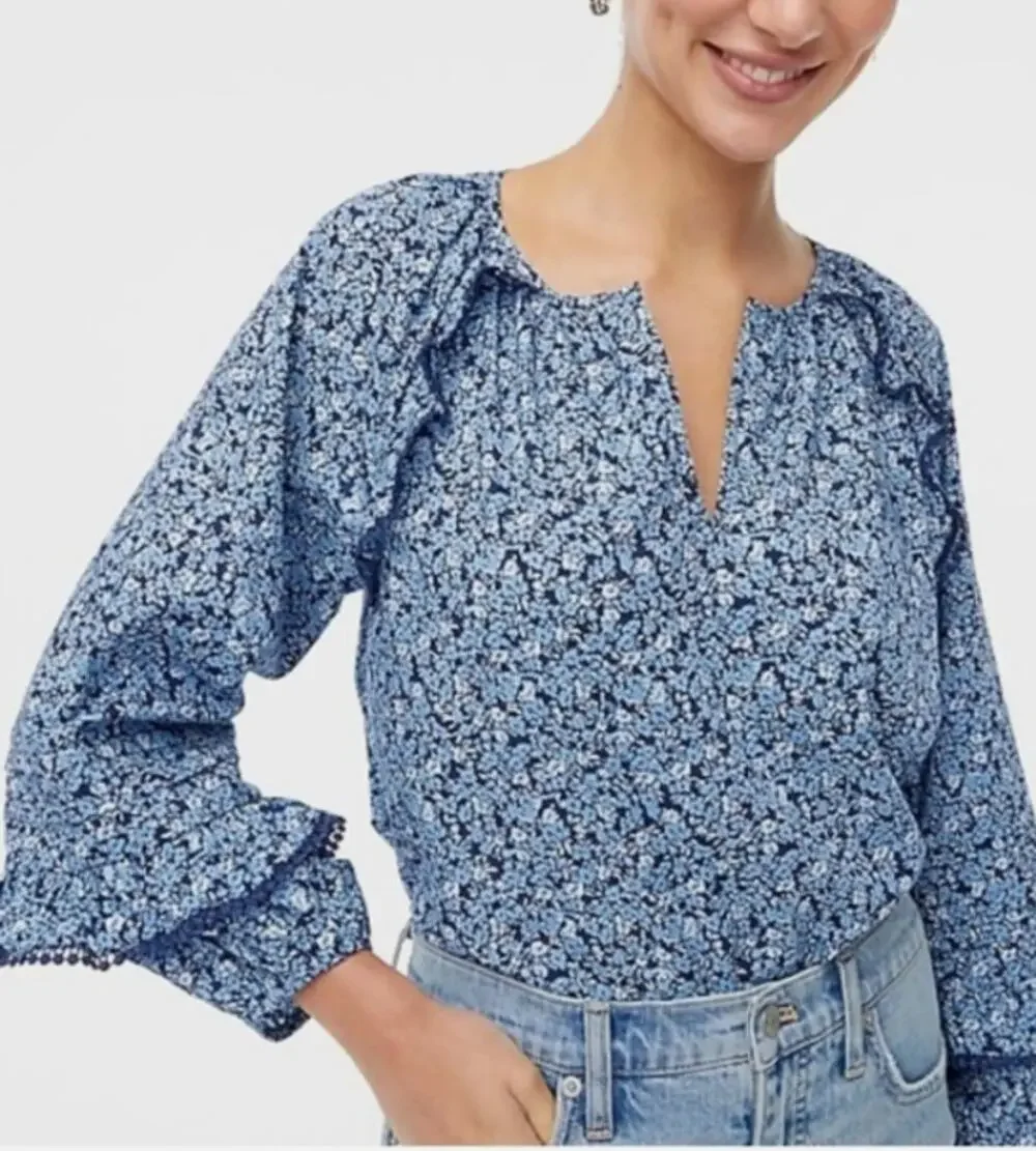 J. Crew Printed Ruffle Peasant Top Boho Lightweight Relaxed Preppy Cottage XS